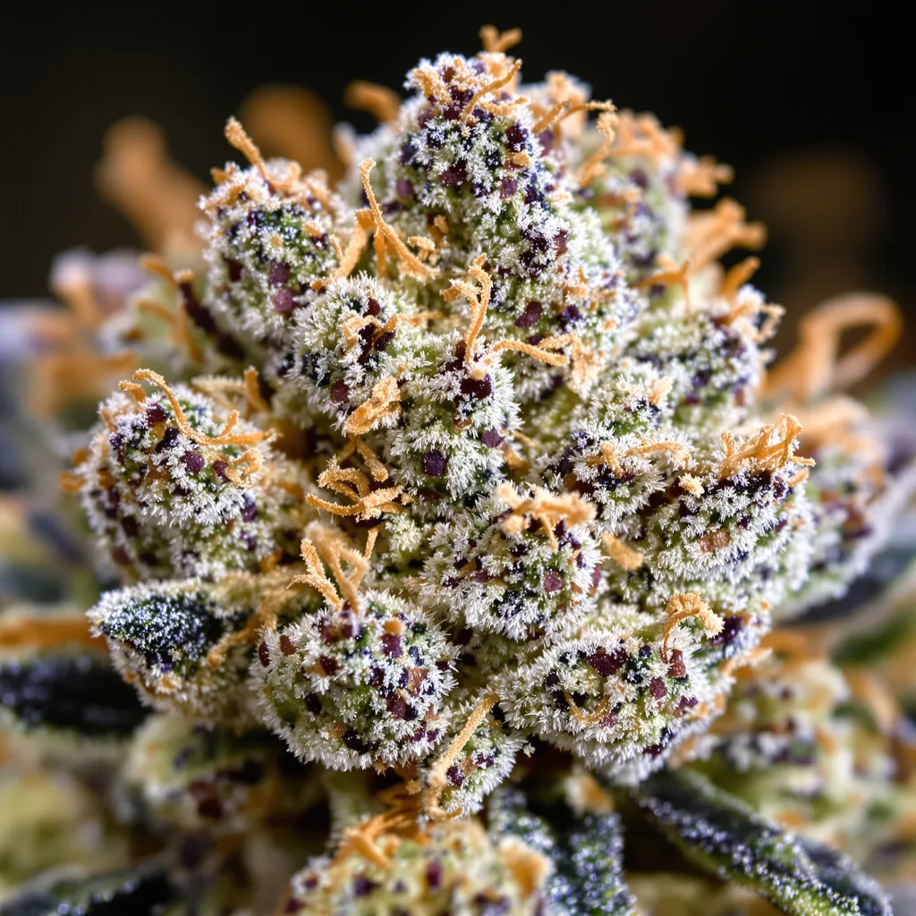 Gros plan de fleur de cannabis Blue Goo montrant structure ouverte avec pistils orangés