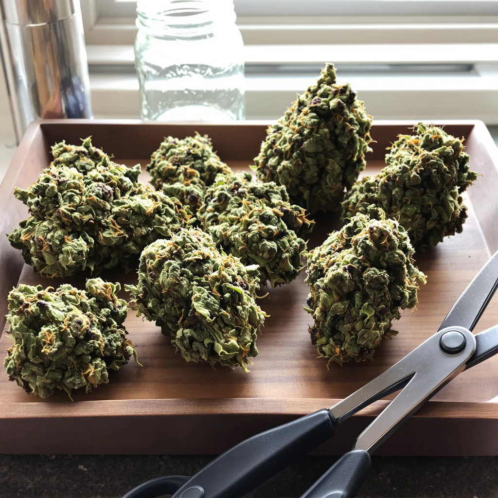 Blue Hawaiian 38% indica / 62% sativa — fleur avec trichomes visibles