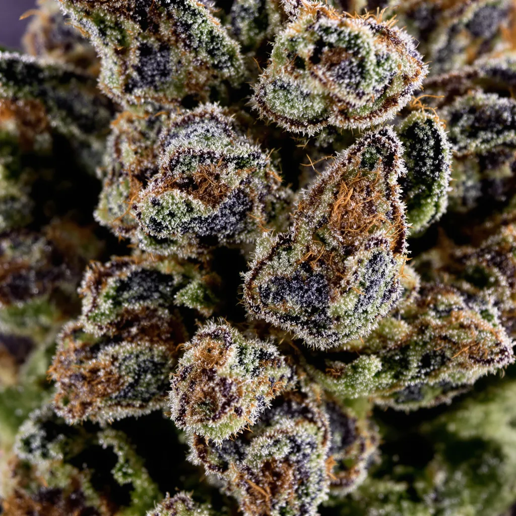 Gros plan de fleur de cannabis Blue Jack City montrant calices denses aux reflets violets