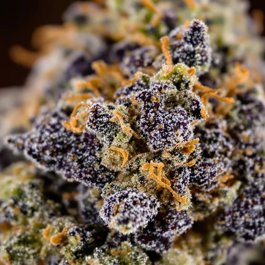 Gros plan de fleur de cannabis Blue Jack City montrant calices denses aux reflets violets
