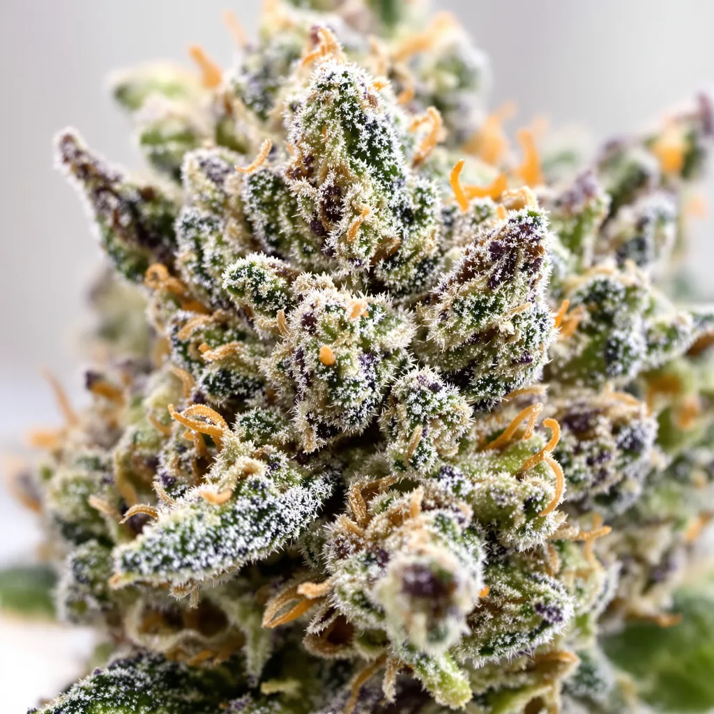 Gros plan de fleur de cannabis Blue Jay Way montrant nugs denses vert forêt