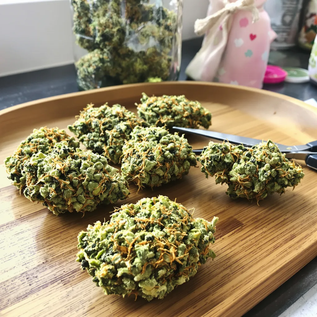 Blue Kiss 12% indica / 88% sativa — fleur avec trichomes visibles