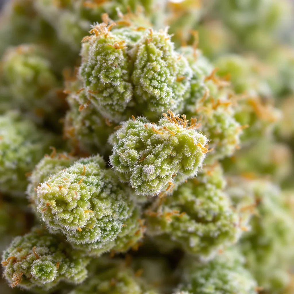 Gros plan de fleur de cannabis Blue Kiss montrant structure aérée vert lime