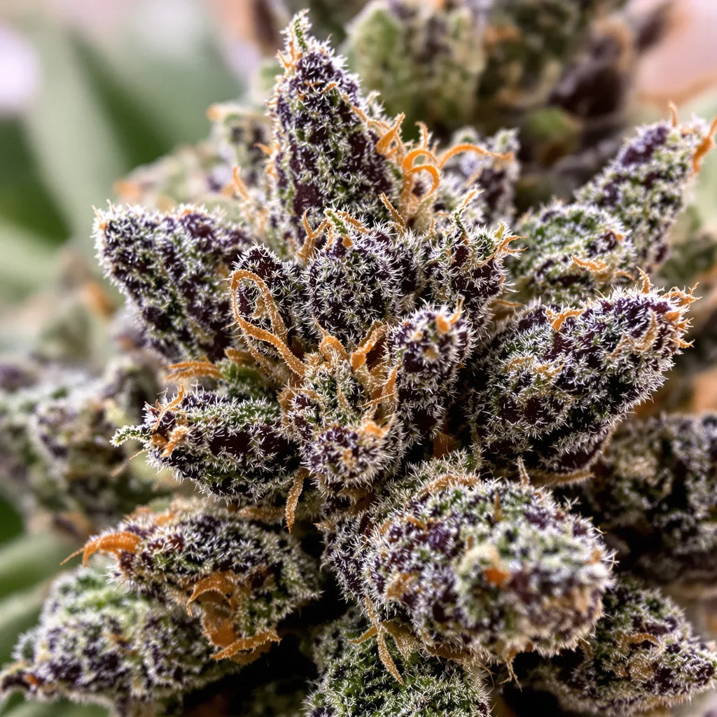 Gros plan de fleur de cannabis Blue Knight montrant calices denses aux reflets violets