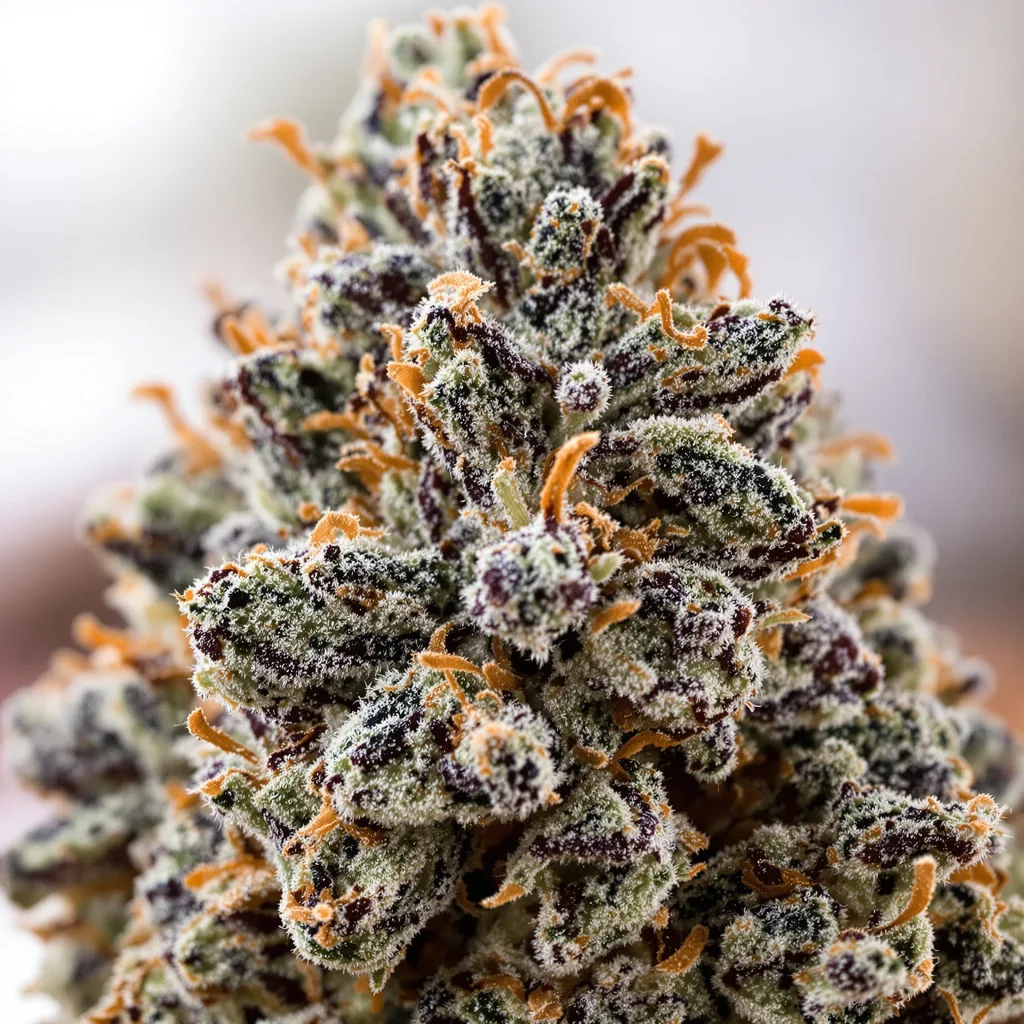 Gros plan de fleur de cannabis Blue Knight montrant calices denses aux reflets violets