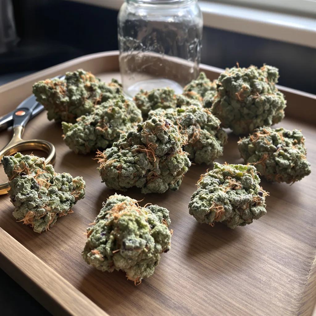 Blue Kush 55% indica / 45% sativa — fleur avec trichomes visibles