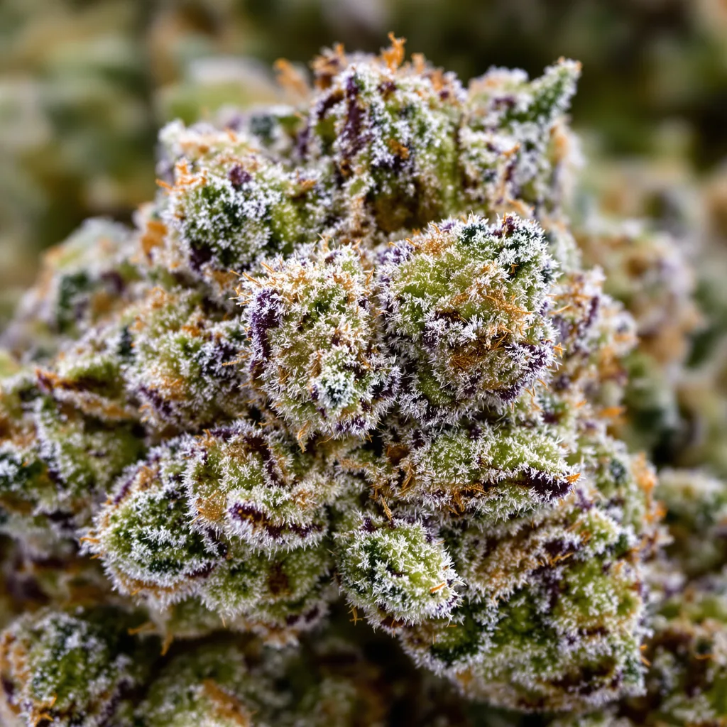 Gros plan de fleur de cannabis Blue Kush montrant structure équilibrée avec trichomes givrés