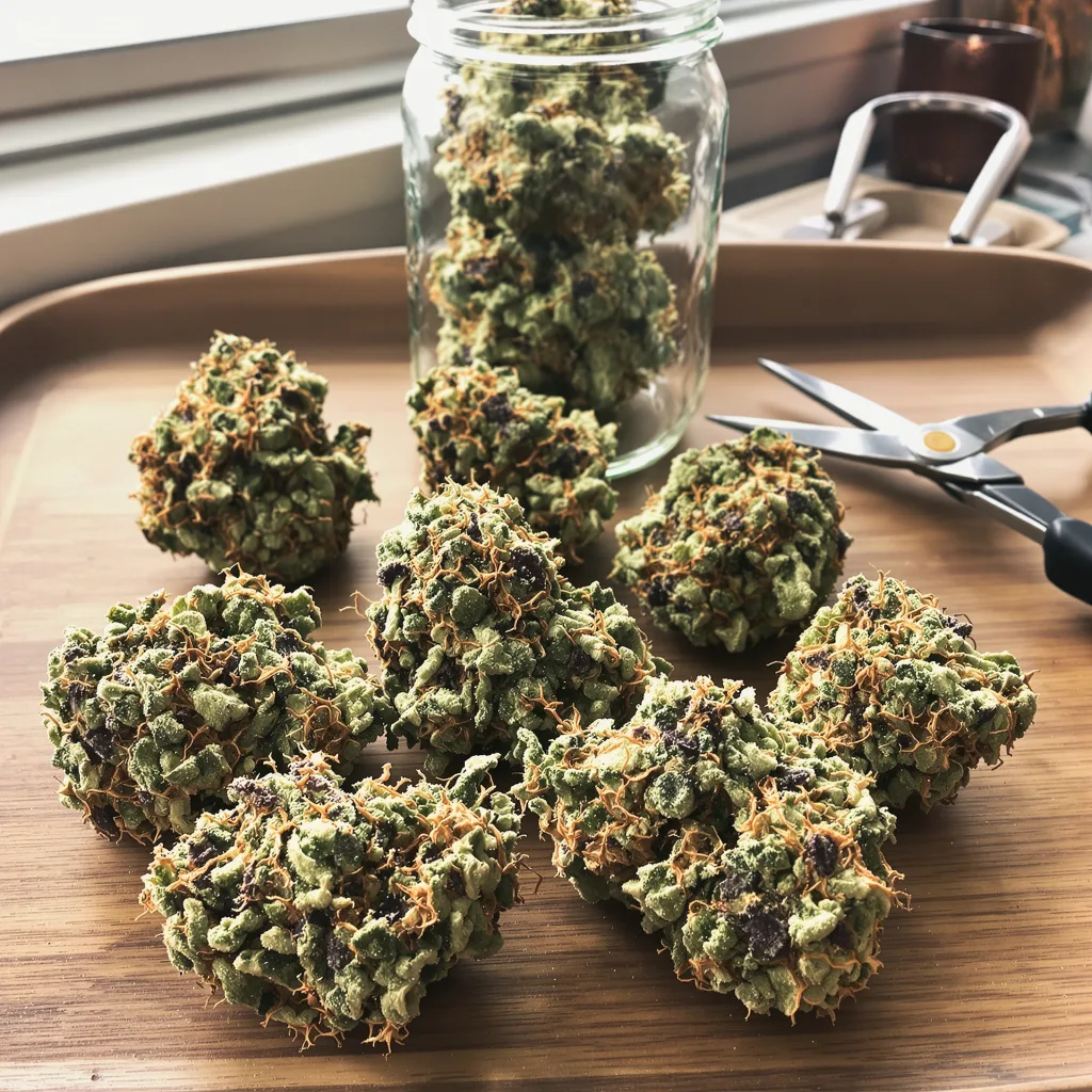 Blue Kush 55% indica / 45% sativa — fleur avec trichomes visibles