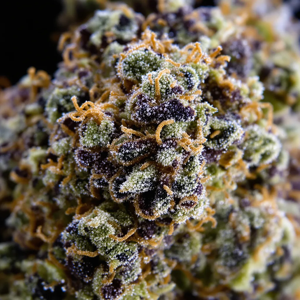 Gros plan de fleur de cannabis Blue Lights montrant calices denses aux reflets violets