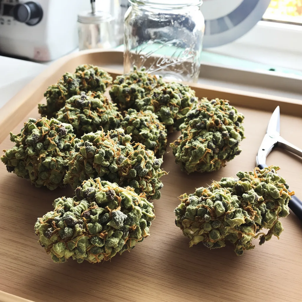 Blue Lyly 54% indica / 46% sativa — fleur avec trichomes visibles