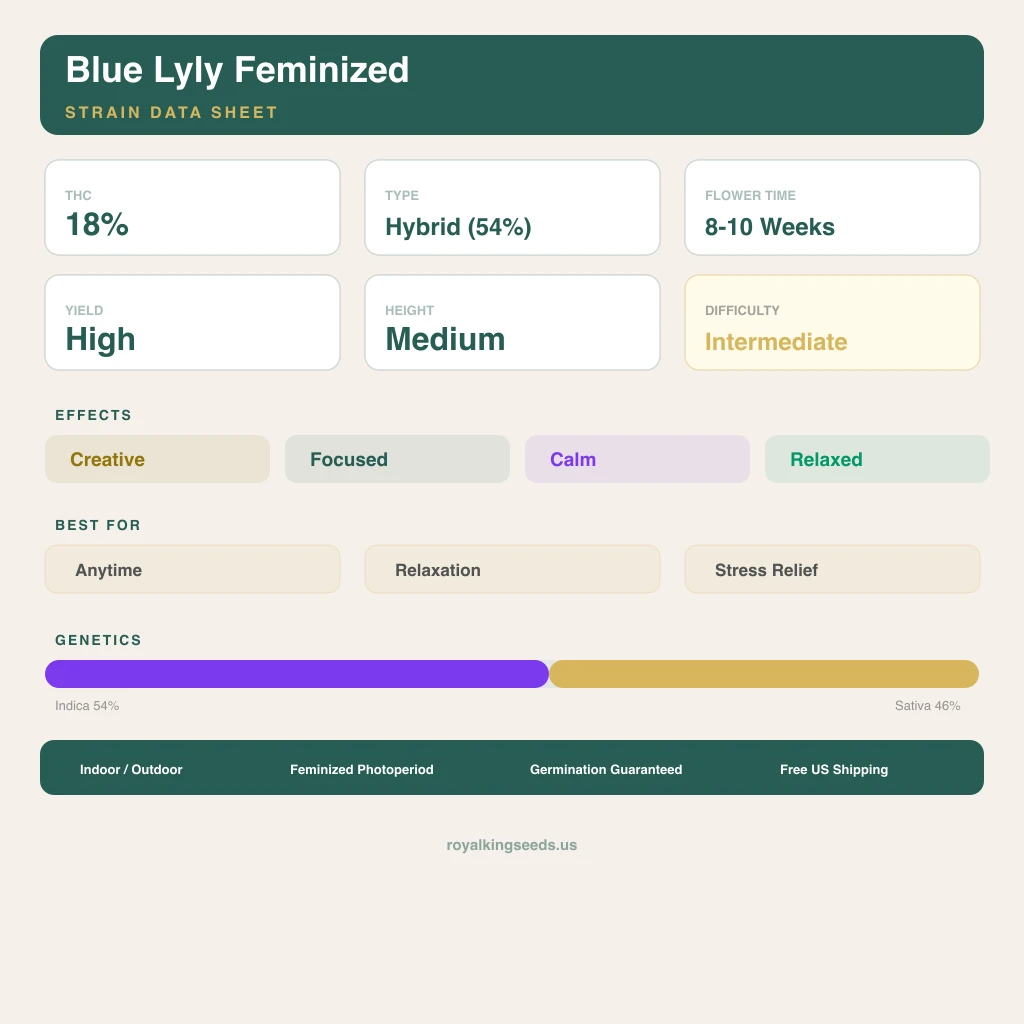 Blue Lyly 54% indica / 46% sativa — fleur avec trichomes visibles