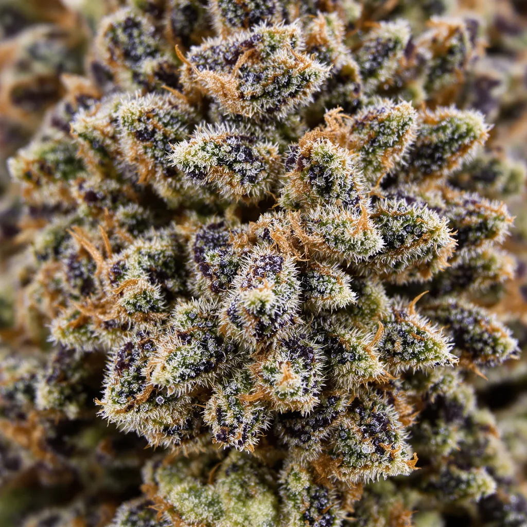 Gros plan de fleur de cannabis Blue Magoo montrant calices denses aux reflets violets