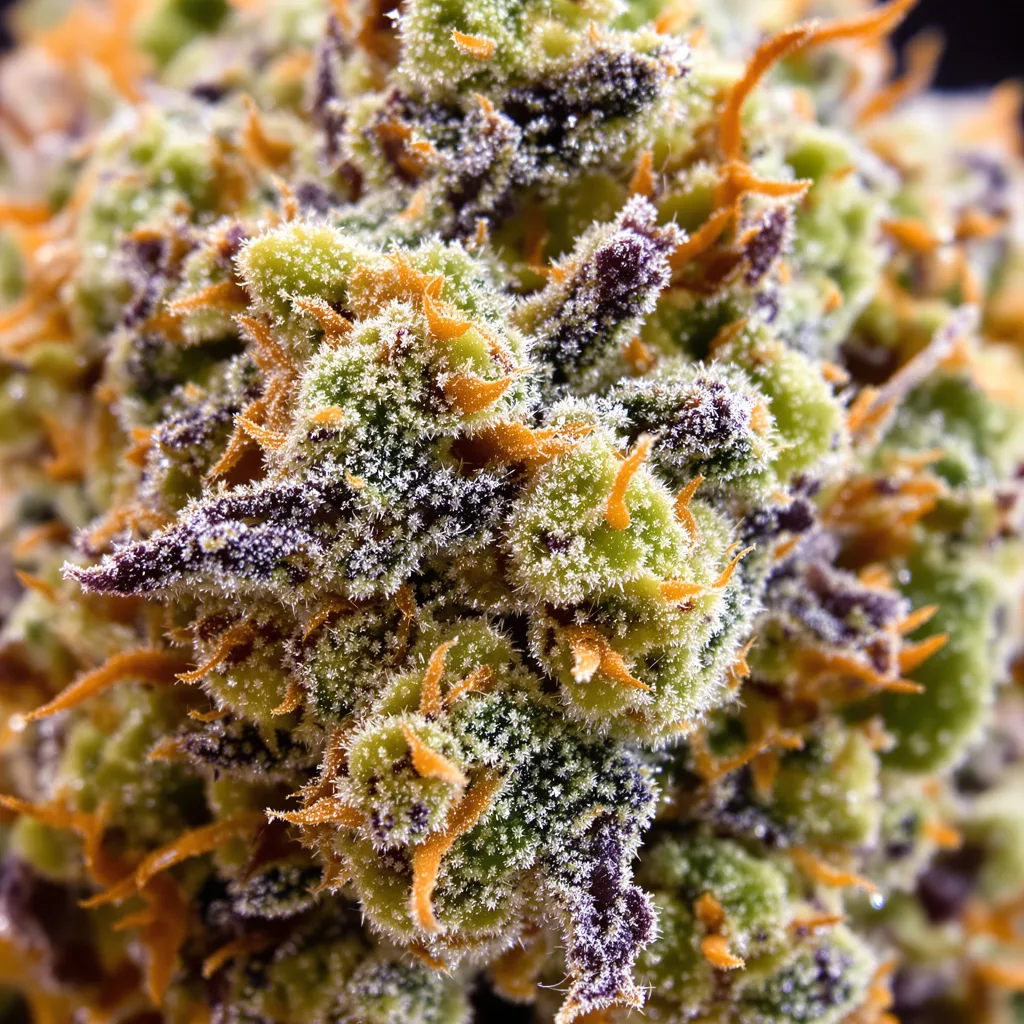 Gros plan de fleur de cannabis Blue Mango montrant structure ouverte avec pistils orangés