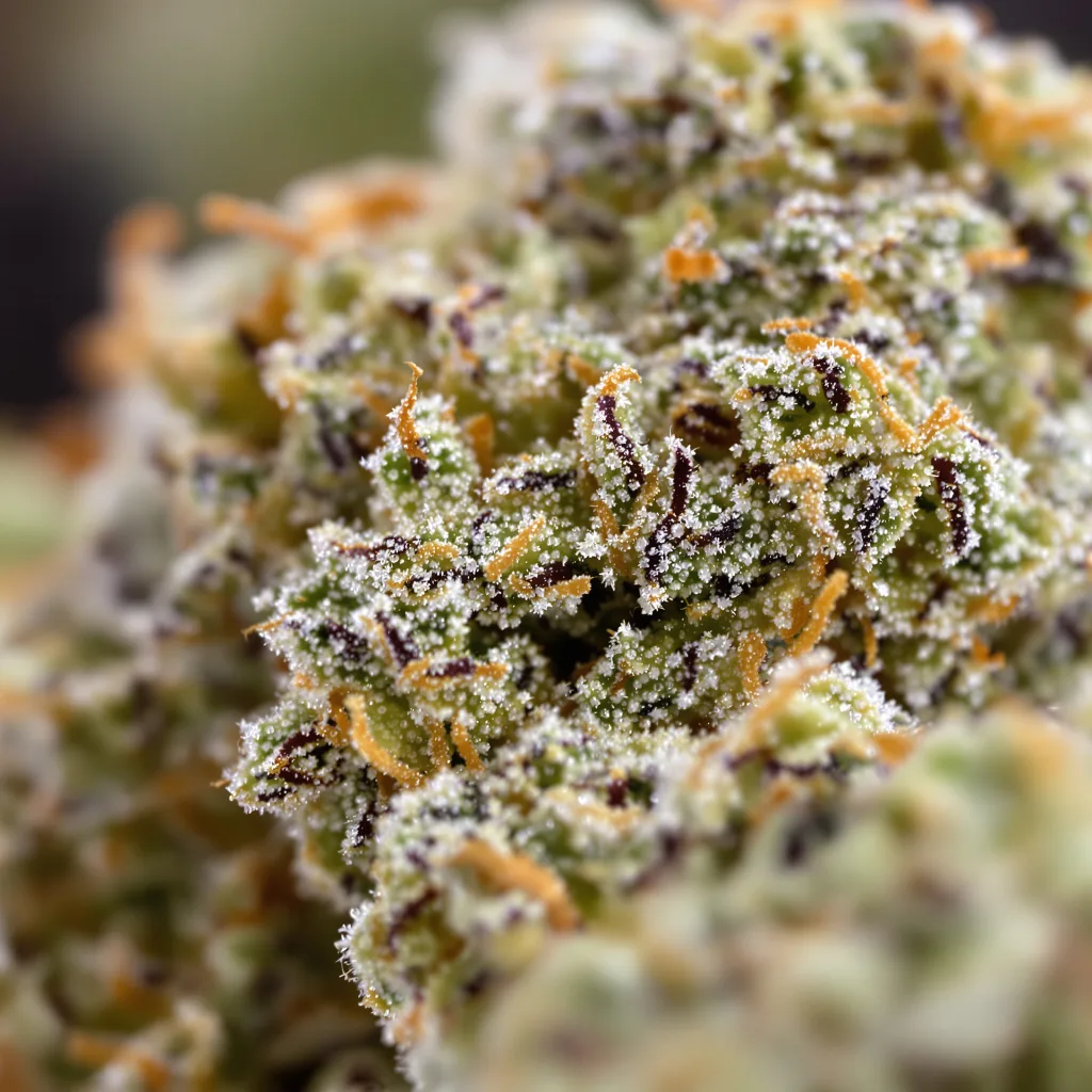 Gros plan de fleur de cannabis Blue Mango montrant structure ouverte avec pistils orangés