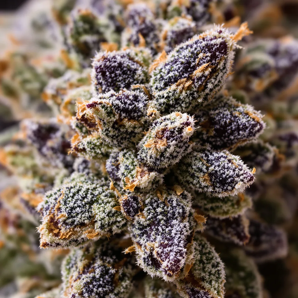Gros plan de fleur de cannabis Blue Monster montrant calices denses aux reflets violets