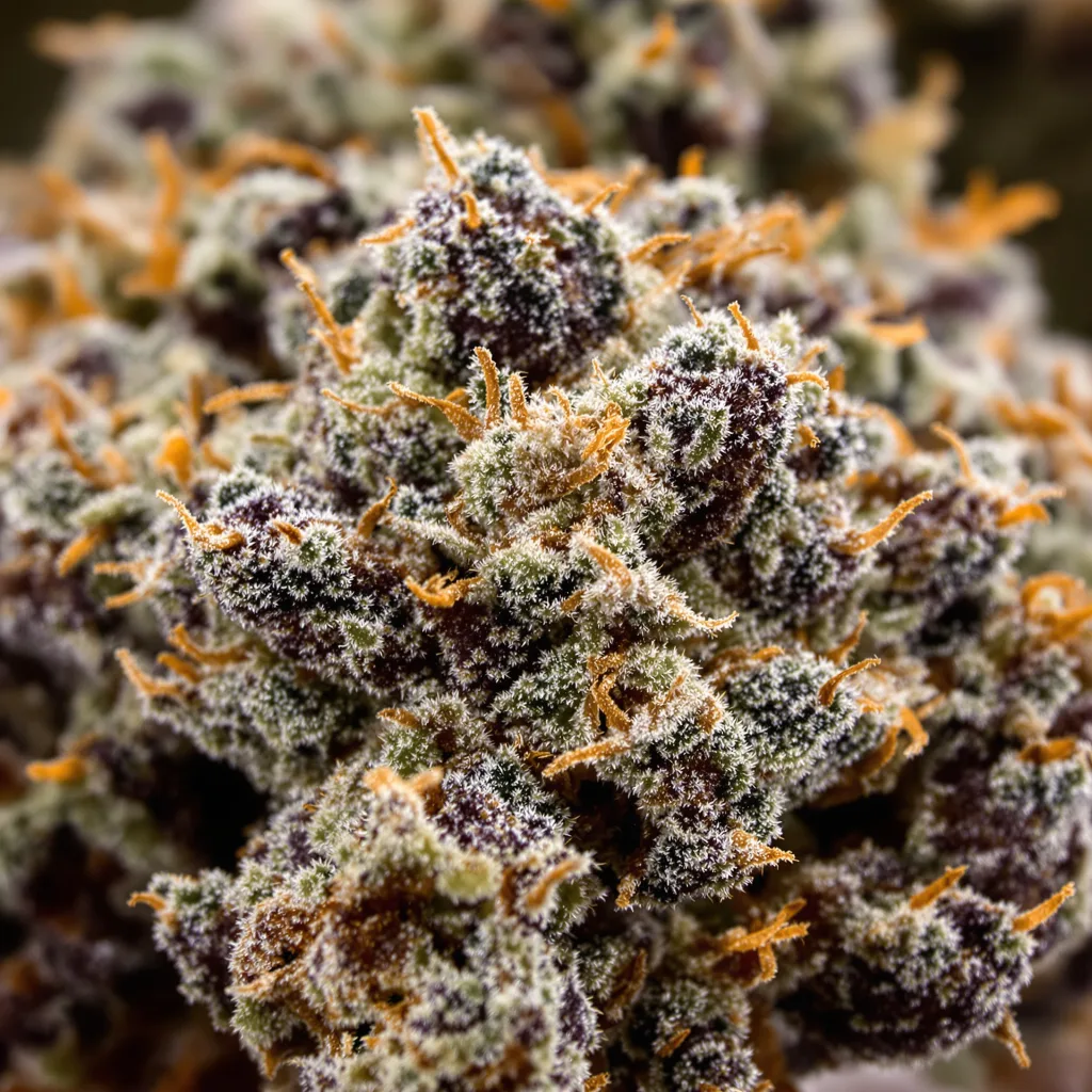 Gros plan de fleur de cannabis Blue Moon Rocks montrant calices denses aux reflets violets