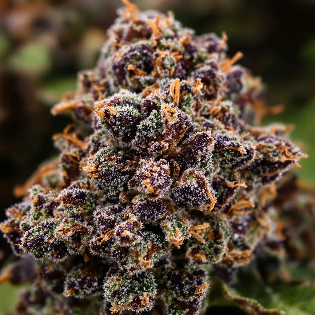 Gros plan de fleur de cannabis Blue Mystic montrant calices denses aux reflets violets