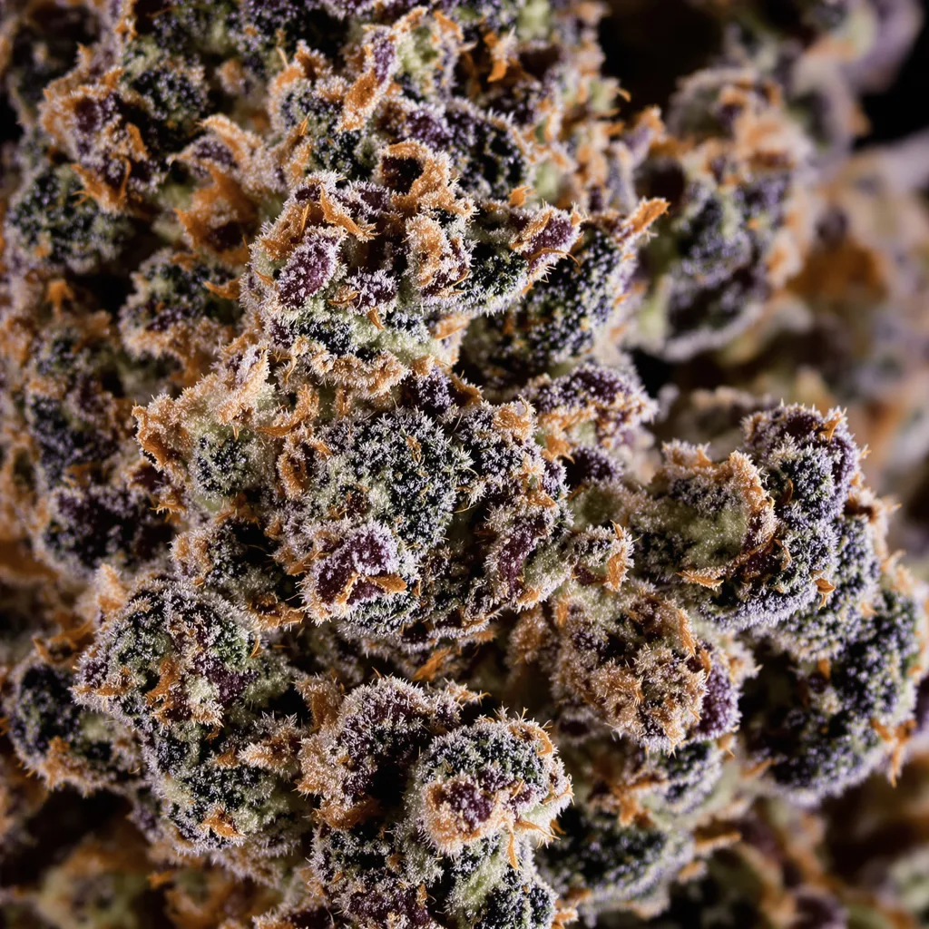 Gros plan de fleur de cannabis Blue Ox montrant calices denses aux reflets violets