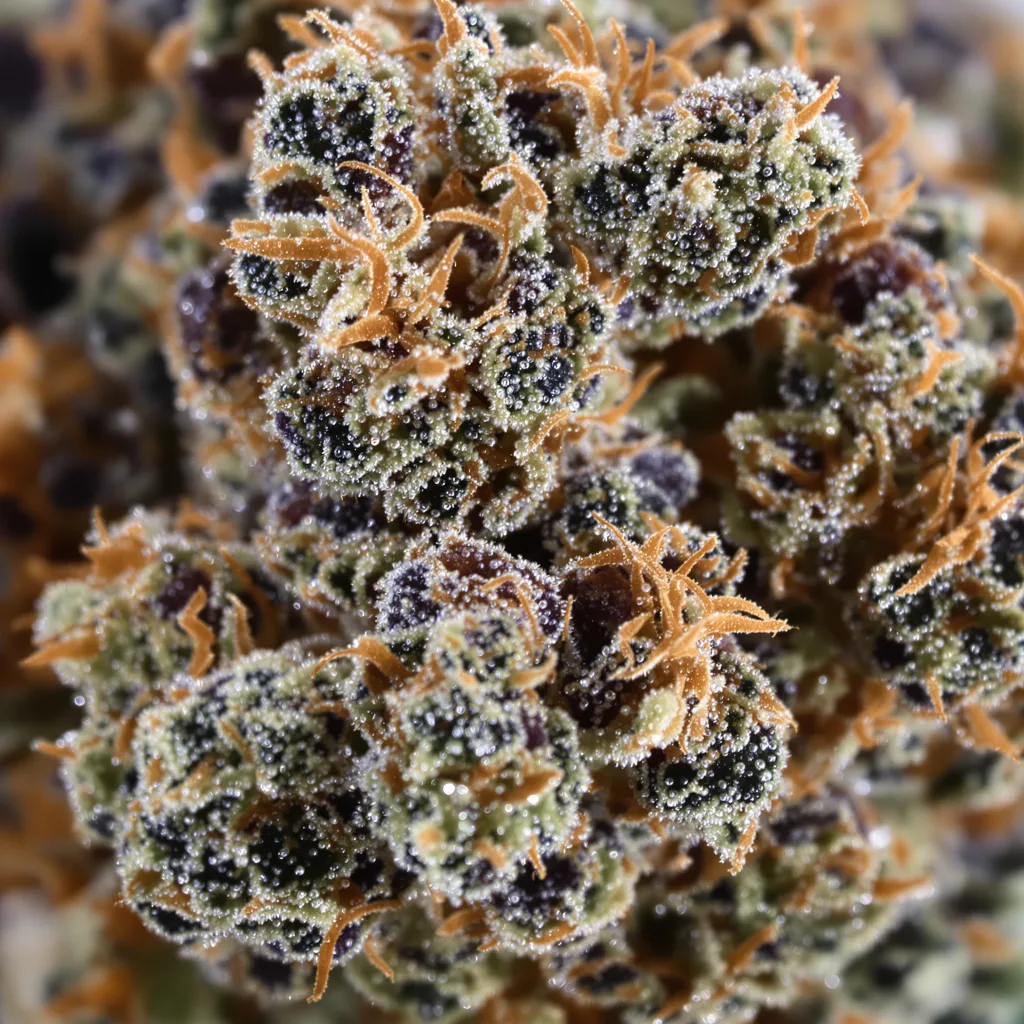 Gros plan de fleur de cannabis Blue Ox montrant calices denses aux reflets violets