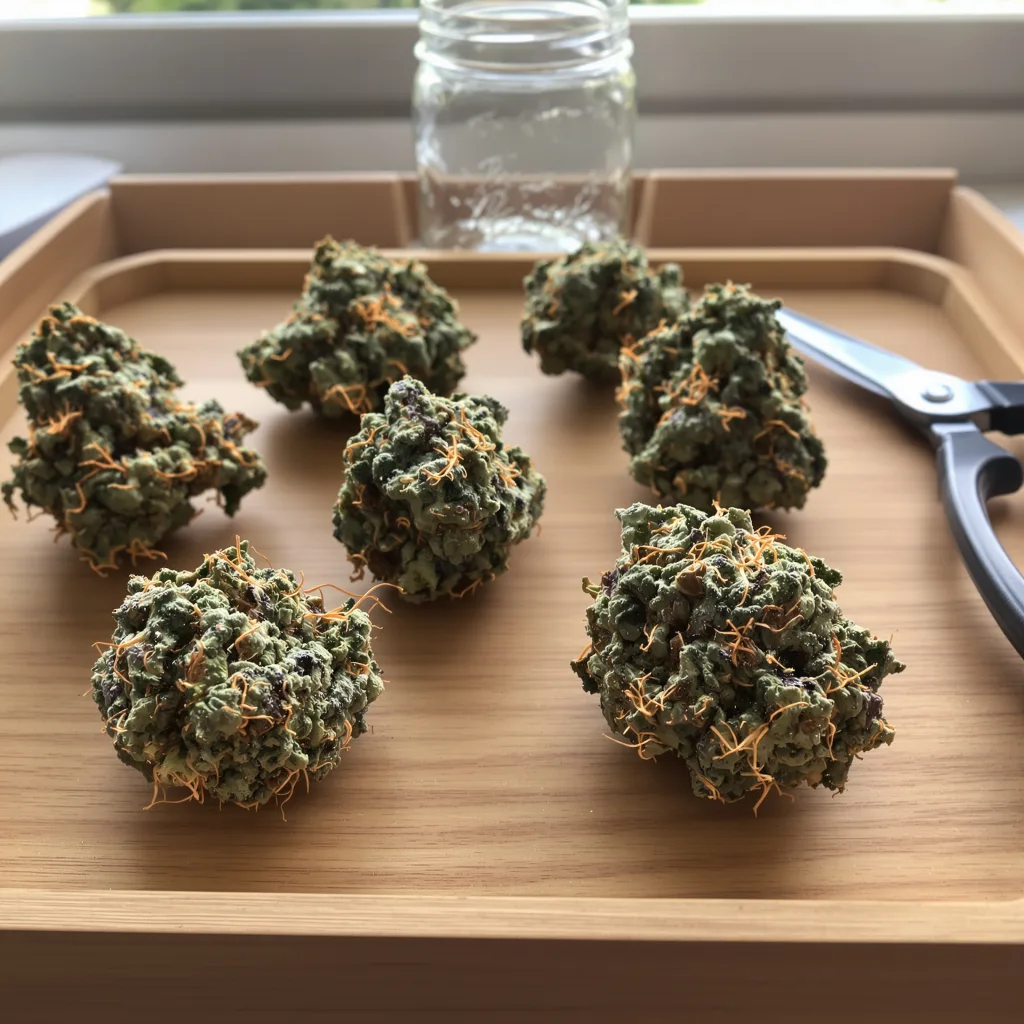 Blue Persuasion 72% indica / 28% sativa — fleur avec trichomes visibles