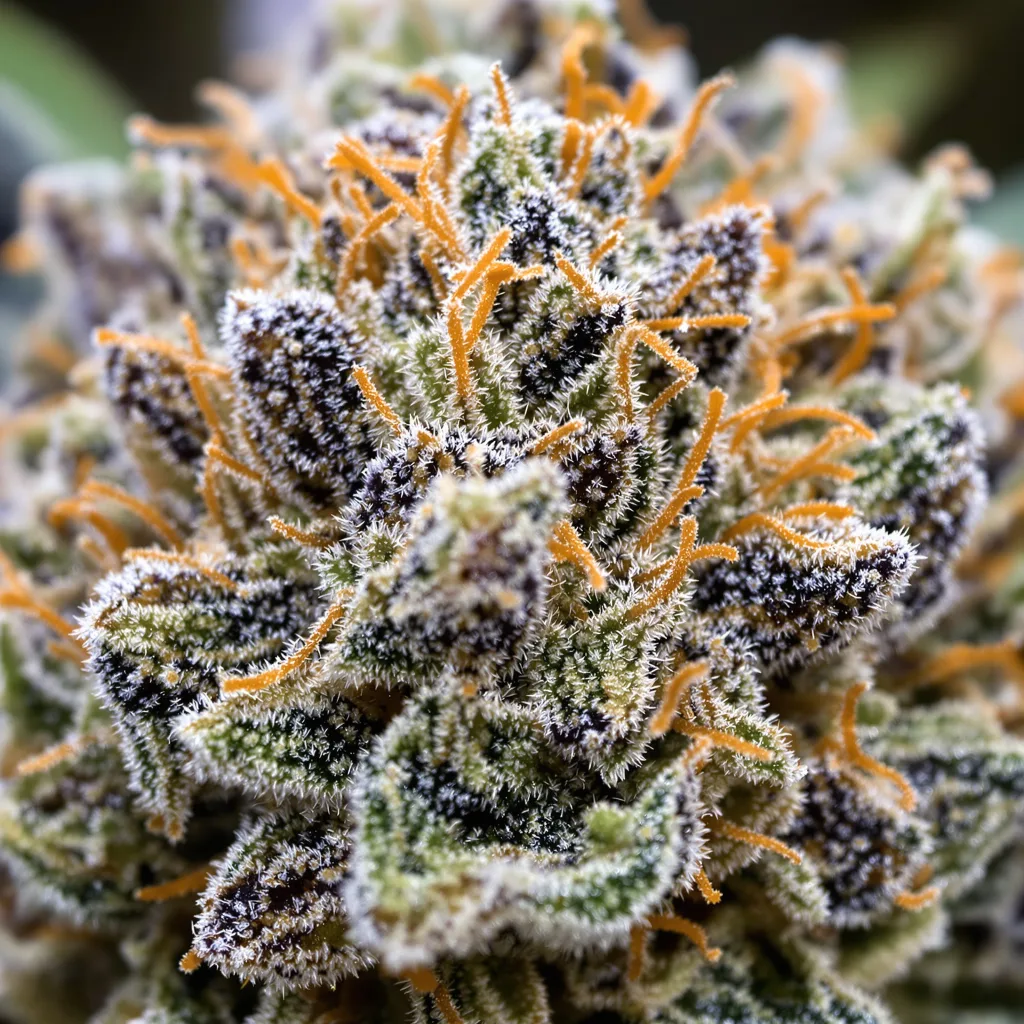 Gros plan de fleur de cannabis Blue Persuasion montrant calices denses aux reflets violets