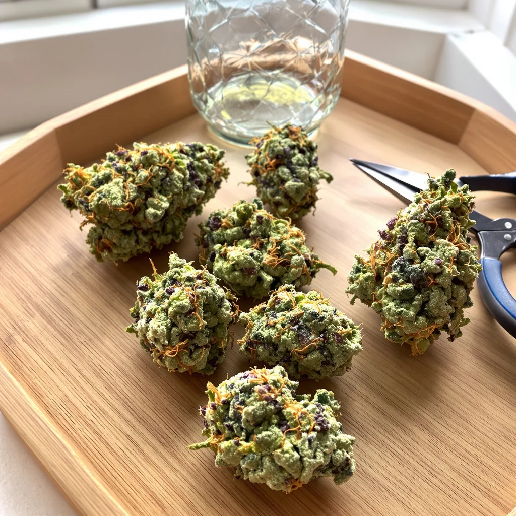 Blue Power 55% indica / 45% sativa — fleur avec trichomes visibles