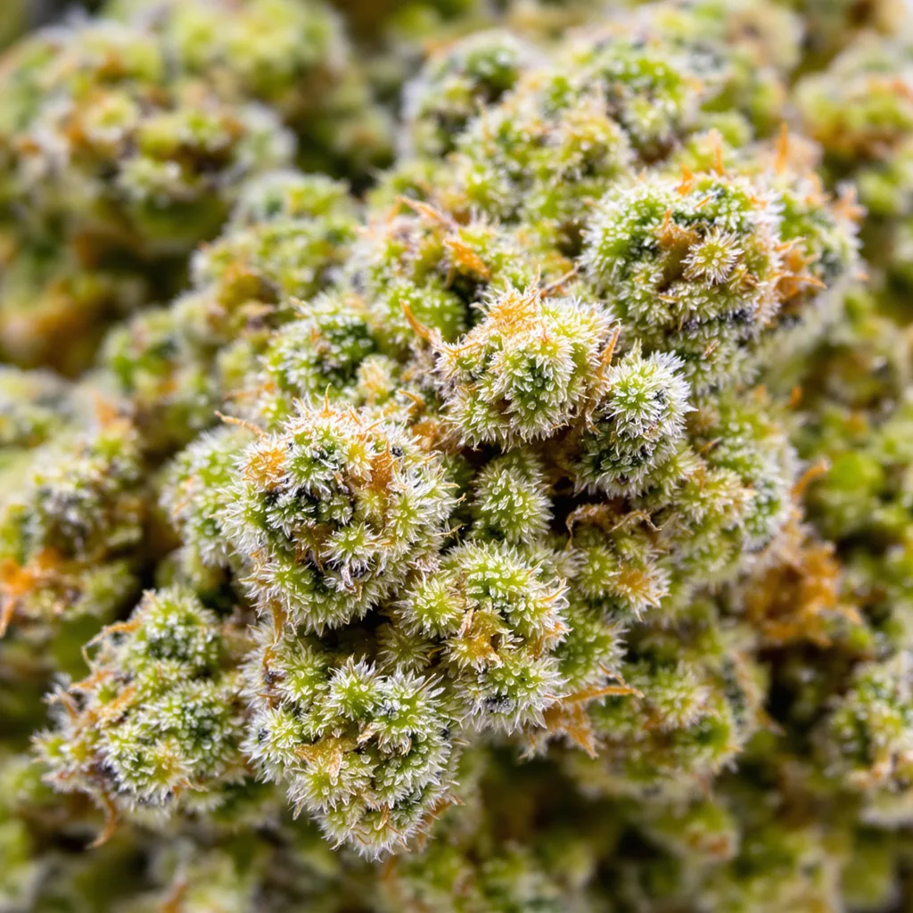 Gros plan de fleur de cannabis Blue Princess montrant structure aérée vert lime