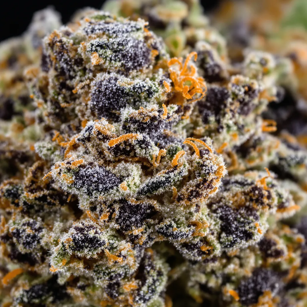 Gros plan de fleur de cannabis Blue Widow montrant calices denses aux reflets violets