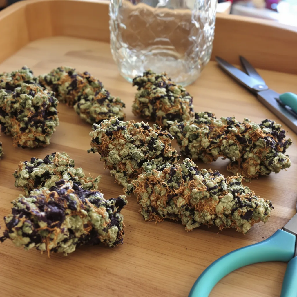Blue Zkittlez 83% indica / 17% sativa — fleur avec trichomes visibles