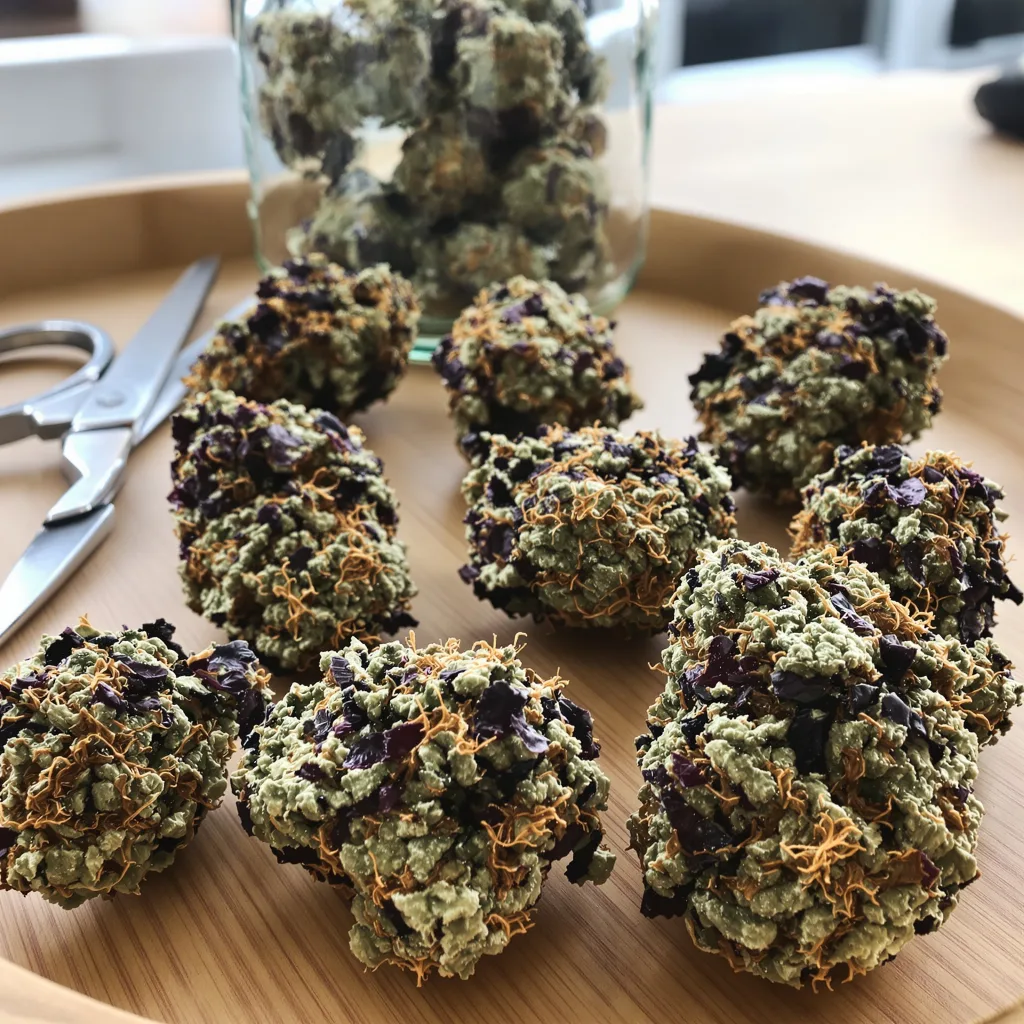 Blue Zombie 66% indica / 34% sativa — fleur avec trichomes visibles