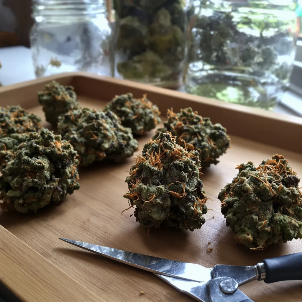 Blue Zombie 66% indica / 34% sativa — fleur avec trichomes visibles