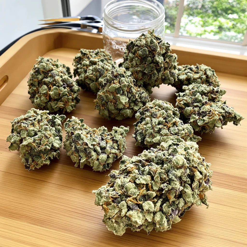 Blue Zushi 35% indica / 65% sativa — fleur avec trichomes visibles