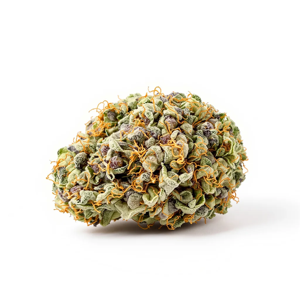 Blue Zushi 35% indica / 65% sativa — fleur avec trichomes visibles