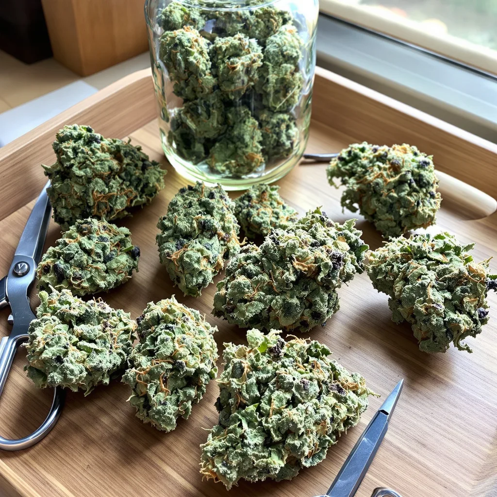 Blueberry AK 48% indica / 52% sativa — fleur avec trichomes visibles