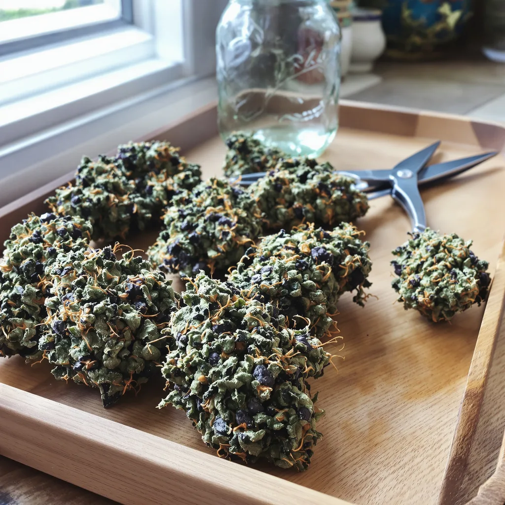 Blueberry 80% indica / 20% sativa — fleur avec trichomes visibles