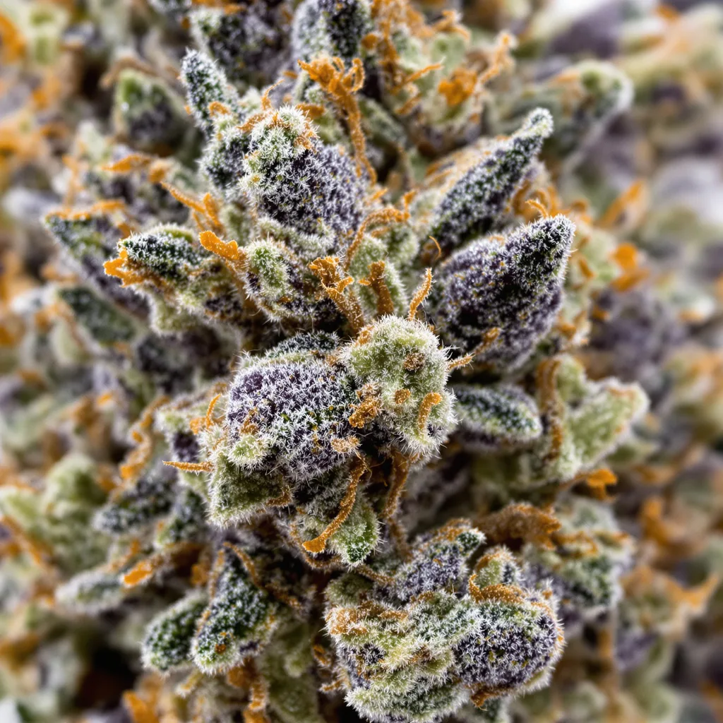 Gros plan de fleur de cannabis Blueberry Badazz OG montrant calices denses aux reflets violets
