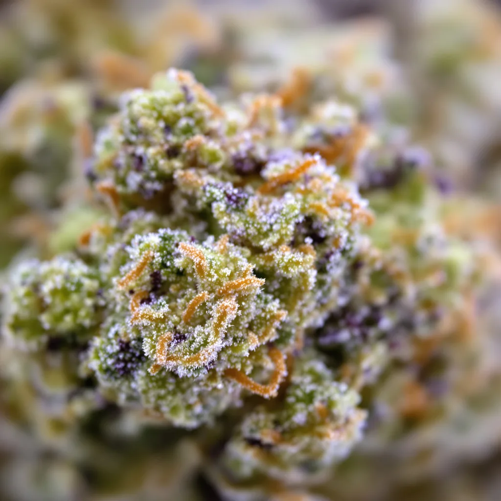 Gros plan de fleur de cannabis Blueberry Cheesecake montrant structure ouverte avec pistils orangés