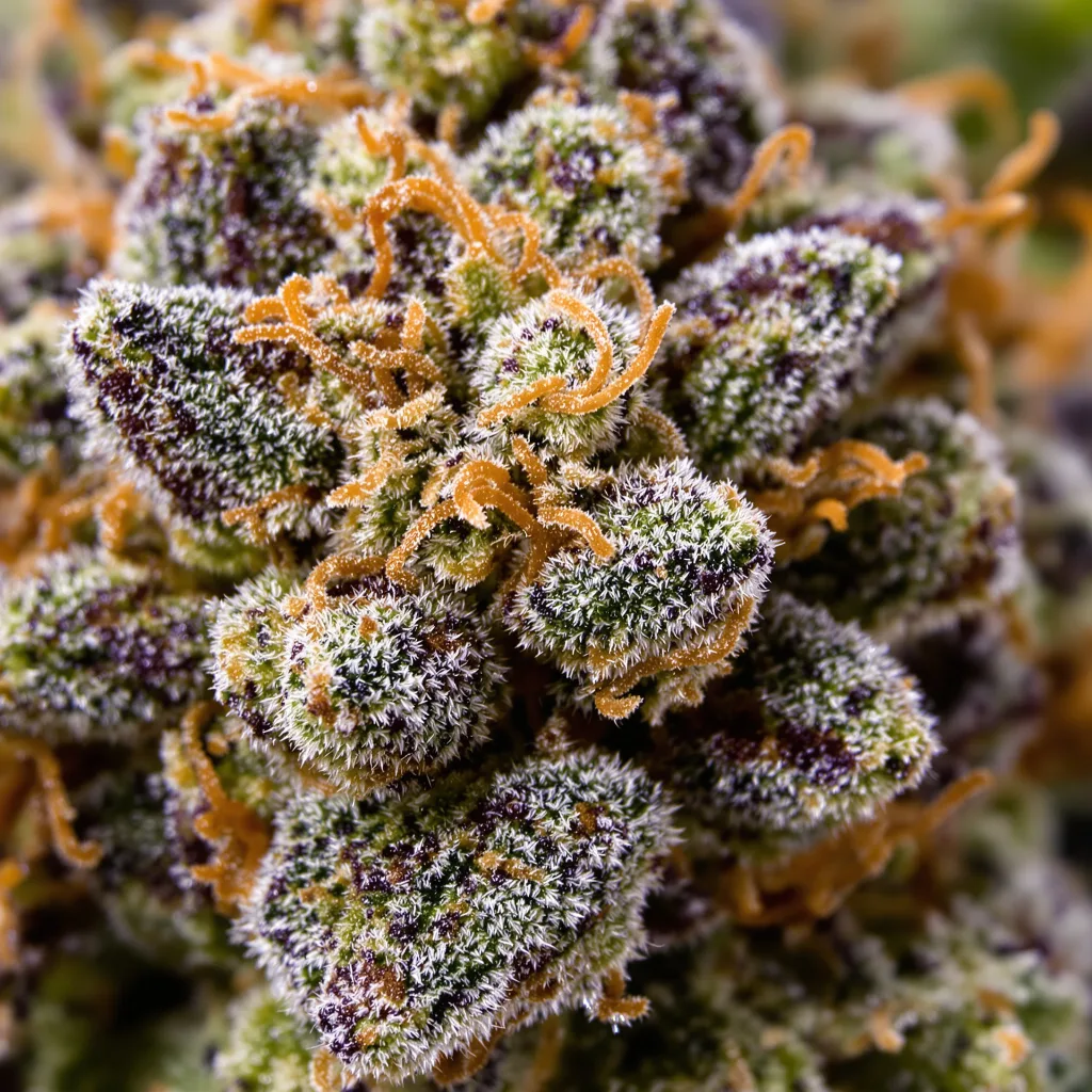 Gros plan de fleur de cannabis Blueberry montrant calices denses aux reflets violets