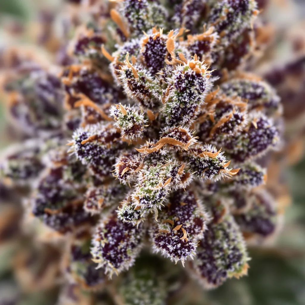 Gros plan de fleur de cannabis Blueberry Gusto montrant calices denses aux reflets violets