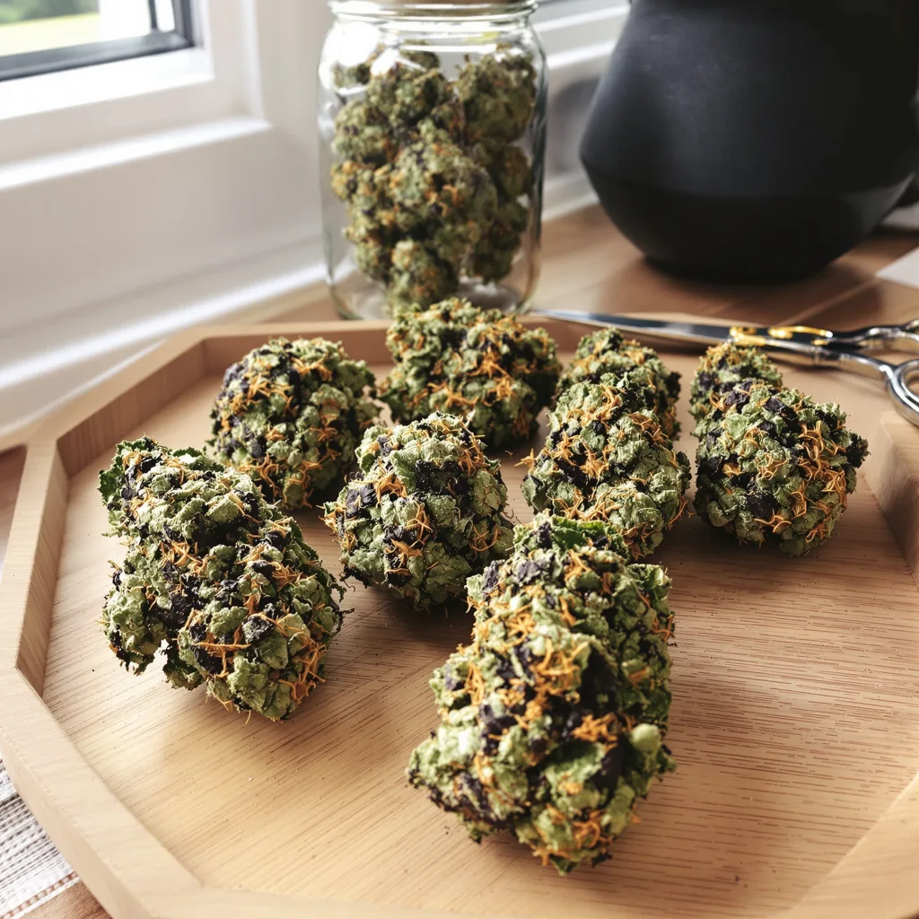 Blueberry Gusto 75% indica / 25% sativa — fleur avec trichomes visibles