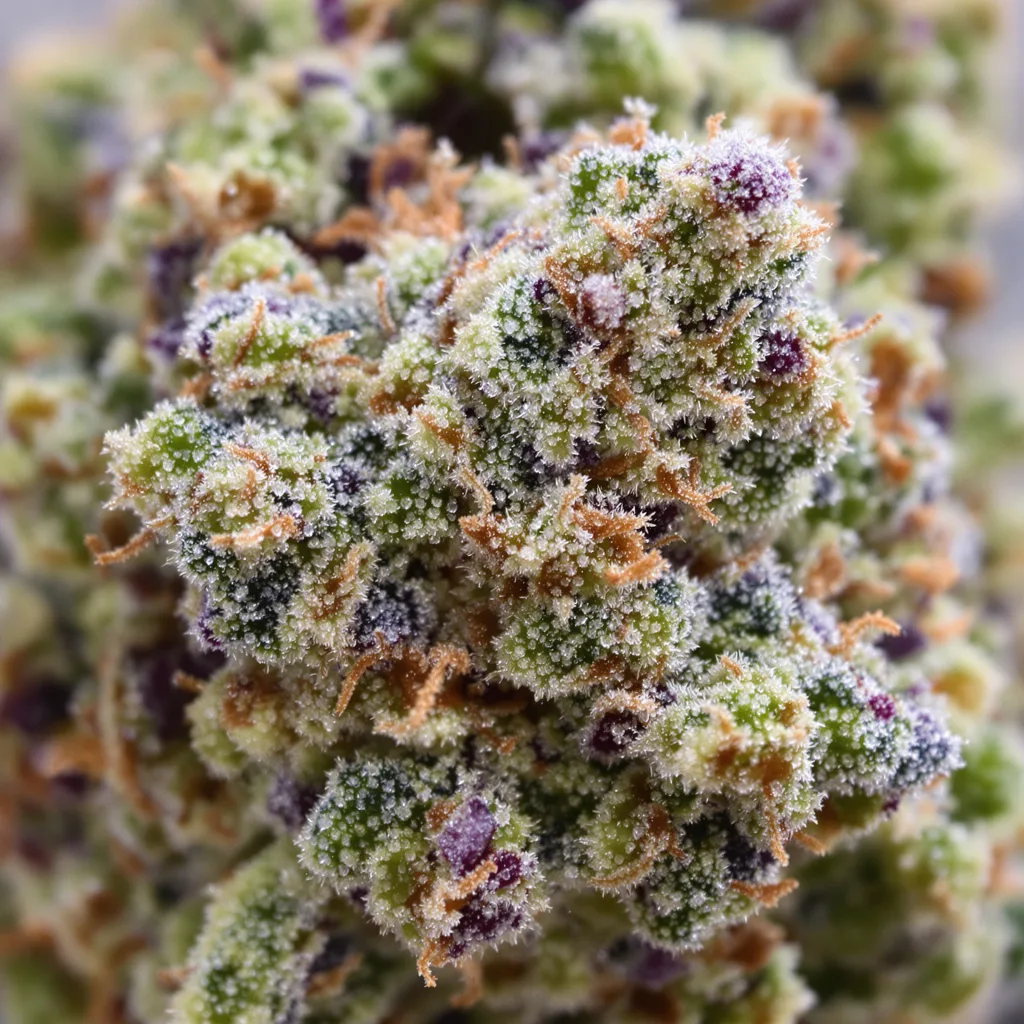Gros plan de fleur de cannabis Blueberry Haze montrant structure ouverte avec pistils orangés