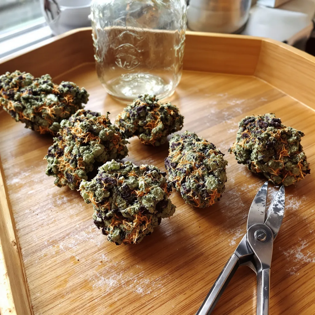 Blueberry Kush 80% indica / 20% sativa — fleur avec trichomes visibles