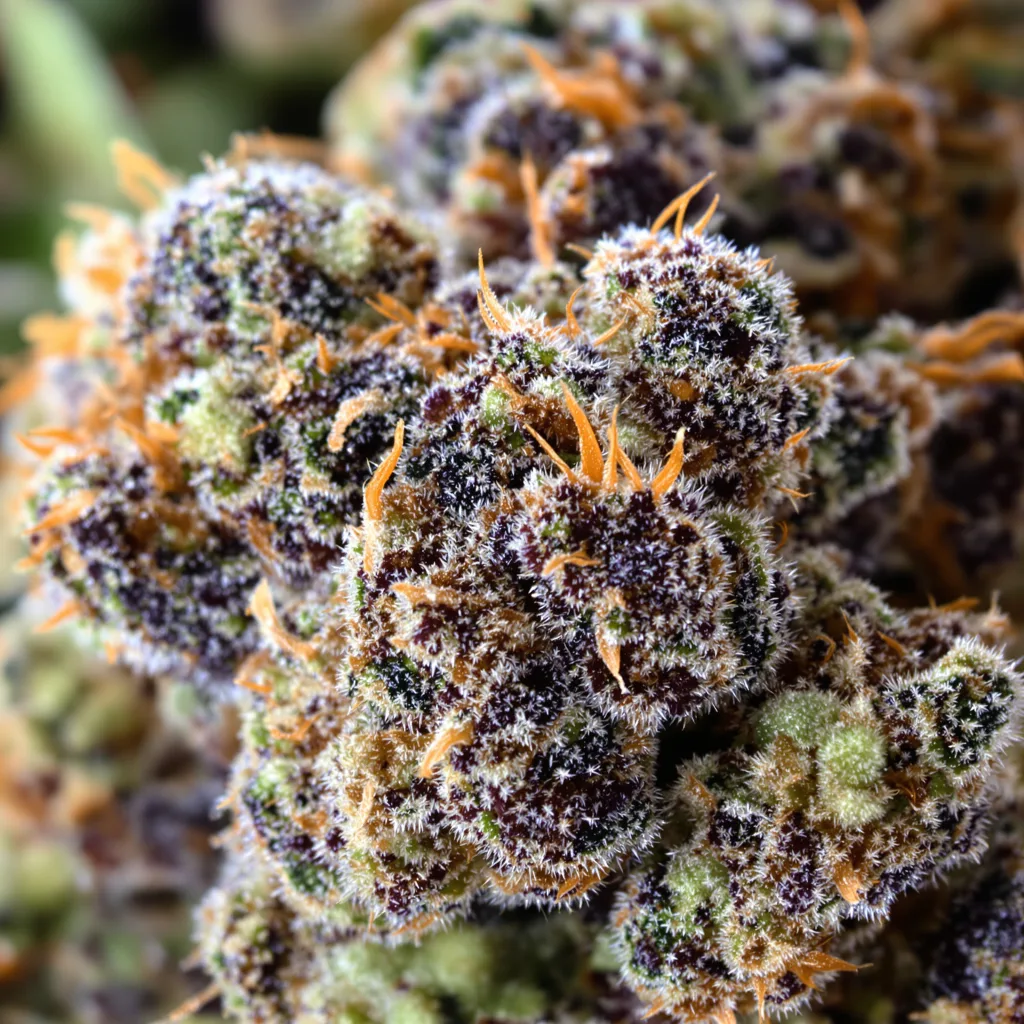 Gros plan de fleur de cannabis Blueberry Kush montrant calices denses aux reflets violets