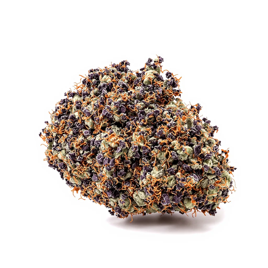 Blueberry Milk 89% indica / 11% sativa — fleur avec trichomes visibles