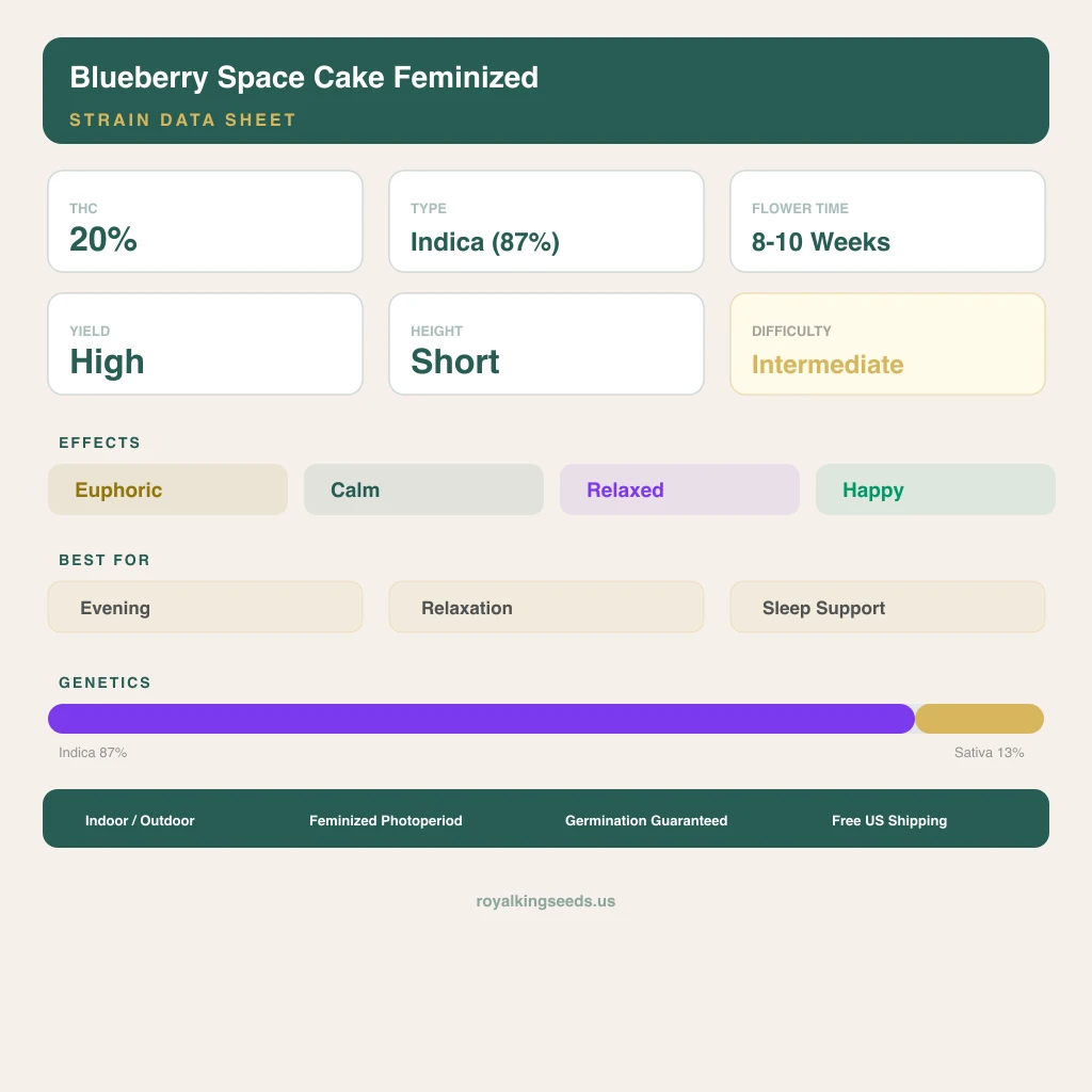 Blueberry Space Cake 87% indica / 13% sativa — fleur avec trichomes visibles