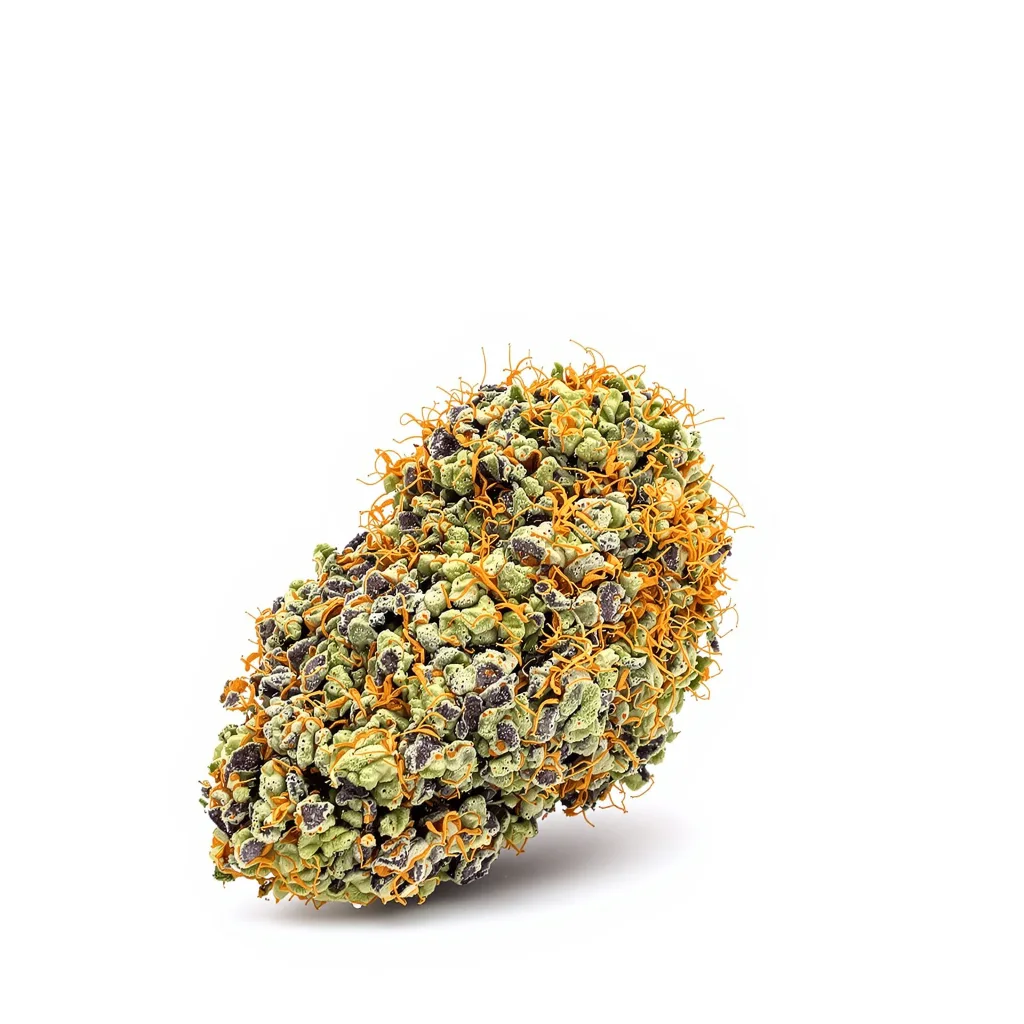 Blueberry Space Cake 87% indica / 13% sativa — fleur avec trichomes visibles