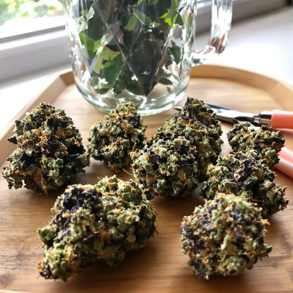 Blueberry Waltz 81% indica / 19% sativa — fleur avec trichomes visibles