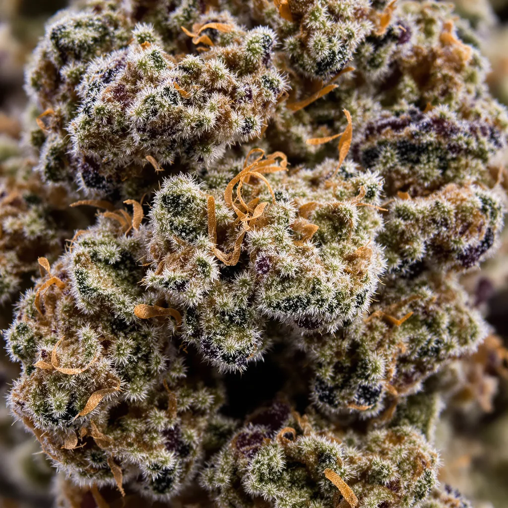 Gros plan de fleur de cannabis Blueberry Waltz montrant calices denses aux reflets violets