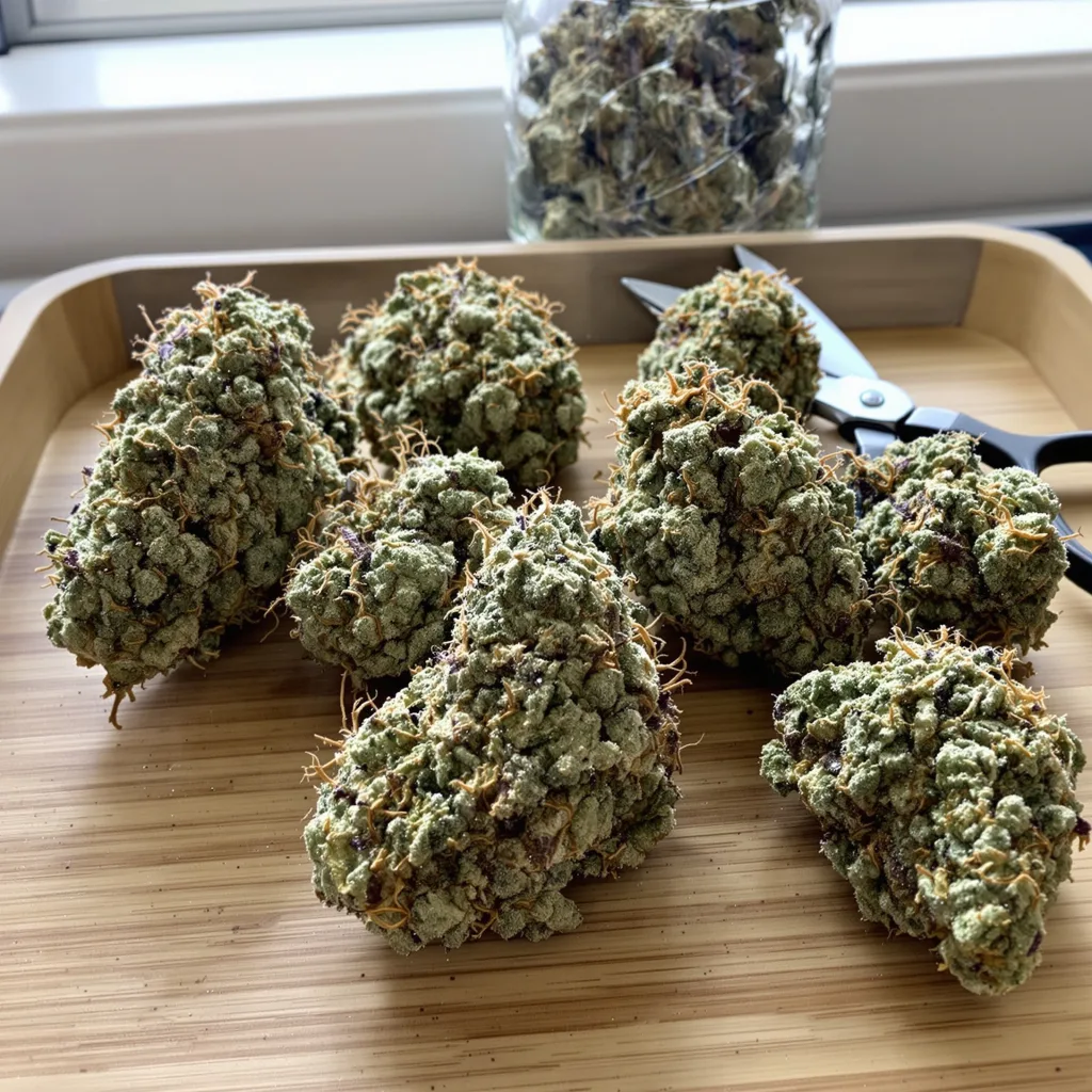 Blueberry Yum Yum 38% indica / 62% sativa — fleur avec trichomes visibles