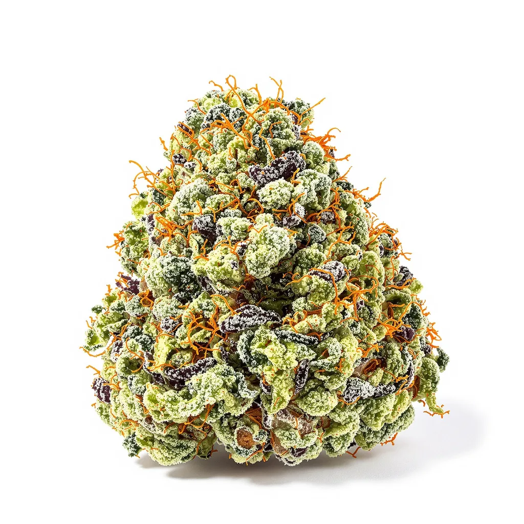 Blueberry Yum Yum 38% indica / 62% sativa — fleur avec trichomes visibles